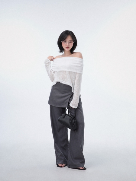 Seleen, Áo trễ vai form rộng chất liệu dệt kim mỏng xuyên thấu tay dài mùa hè, WT0238