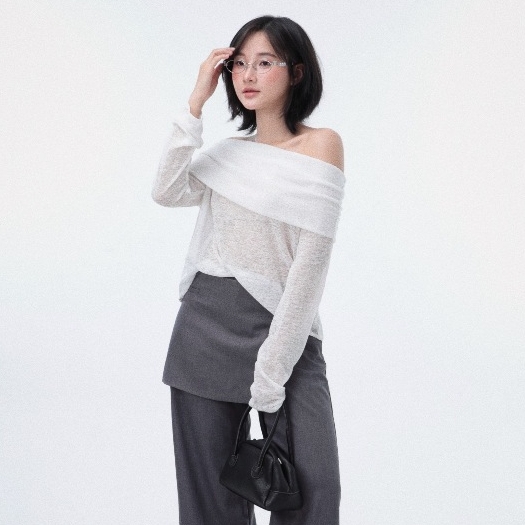 Seleen, Áo trễ vai form rộng chất liệu dệt kim mỏng xuyên thấu tay dài mùa hè, WT0238