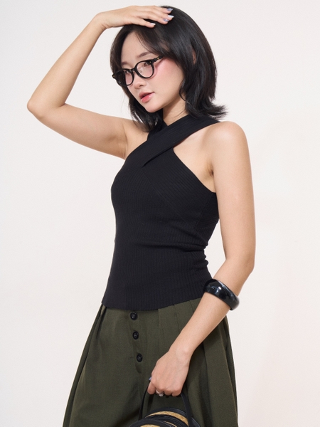 Seleen, [ 2 màu ] Áo dệt kim cổ yếm chéo cổ mặc nhiều kiểu co dãn không tay, WT0243