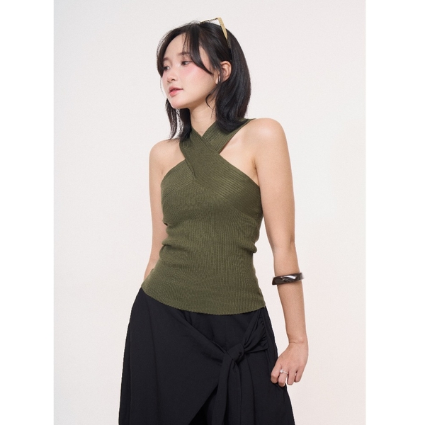 Seleen, [ 2 màu ] Áo dệt kim cổ yếm chéo cổ mặc nhiều kiểu co dãn không tay, WT0243
