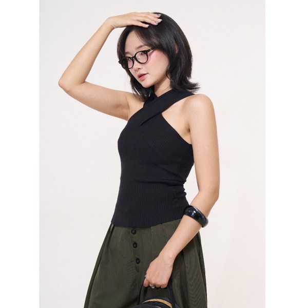 Seleen, [ 2 màu ] Áo dệt kim cổ yếm chéo cổ mặc nhiều kiểu co dãn không tay, WT0243