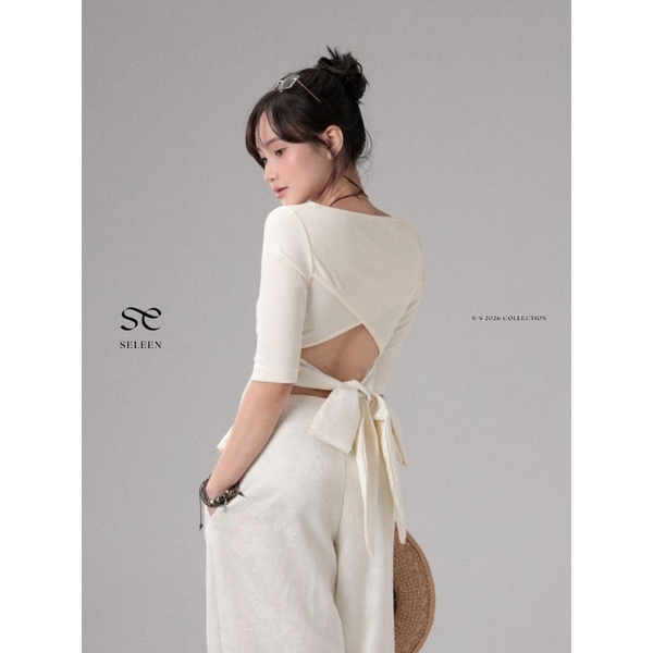 Seleen, Áo thun tay lửng form ôm chi tiết lưng hở dây gấm hoa buộc, WT0255