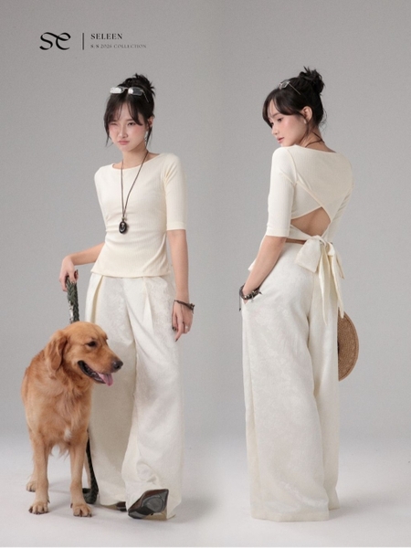 Seleen, Áo thun tay lửng form ôm chi tiết lưng hở dây gấm hoa buộc, WT0255