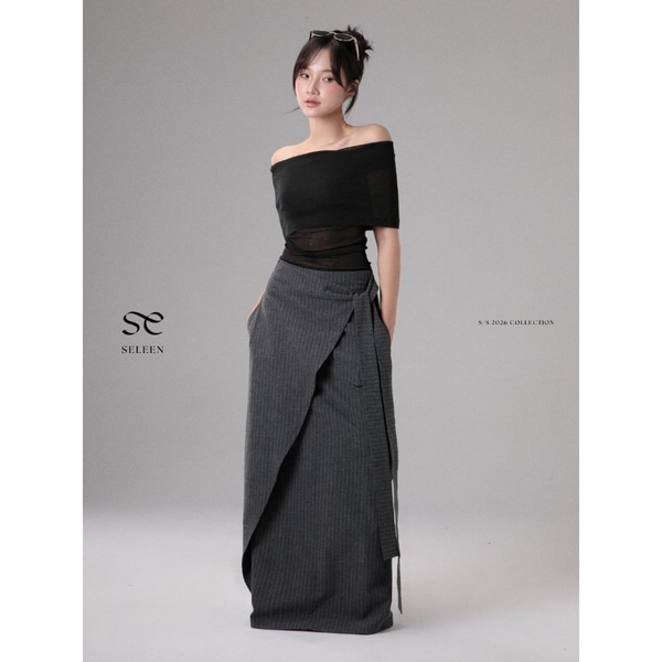 Seleen, Chân váy maxi lưng cao chi tiết vạt chéo họa tiết kẻ sọc, WB0256