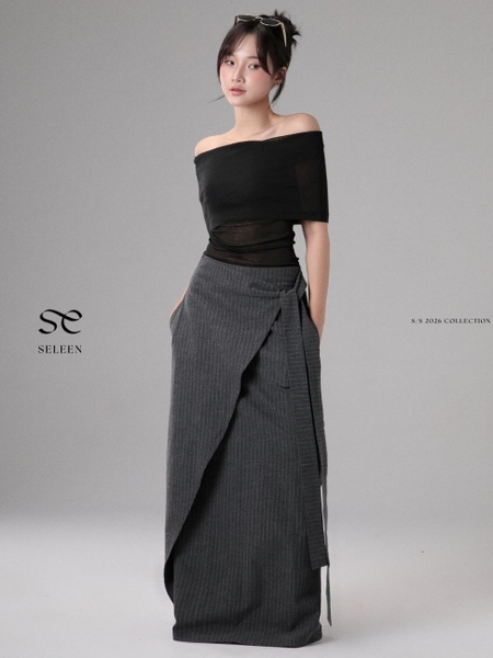Seleen, Chân váy maxi lưng cao chi tiết vạt chéo họa tiết kẻ sọc, WB0256