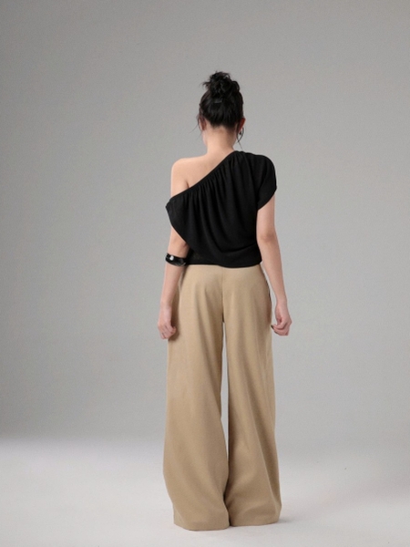 Seleen, Quần lưng cao ống suông rộng chi tiết gập li, WB0257