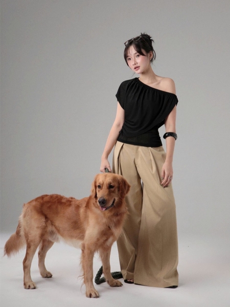 Seleen, Quần lưng cao ống suông rộng chi tiết gập li, WB0257