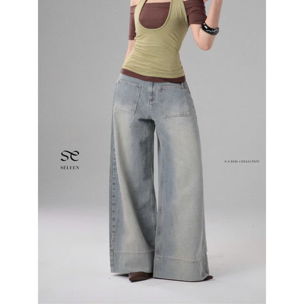 Seleen, Quần Jeans Denim lưng cao ống rộng chi tiết túi ngang, WB0262