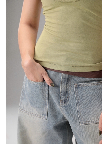 Seleen, Quần Jeans Denim lưng cao ống rộng chi tiết túi ngang, WB0262