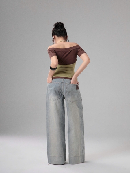 Seleen, Quần Jeans Denim lưng cao ống rộng chi tiết túi ngang, WB0262