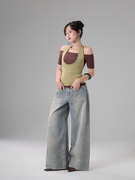 Seleen, Quần Jeans Denim lưng cao ống rộng chi tiết túi ngang, WB0262