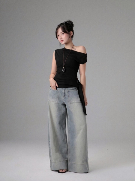 Seleen, Quần Jeans Denim lưng cao ống rộng chi tiết túi ngang, WB0262