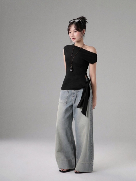 Seleen, Quần Jeans Denim lưng cao ống rộng chi tiết túi ngang, WB0262
