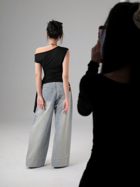 Seleen, Quần Jeans Denim lưng cao ống rộng chi tiết túi ngang, WB0262