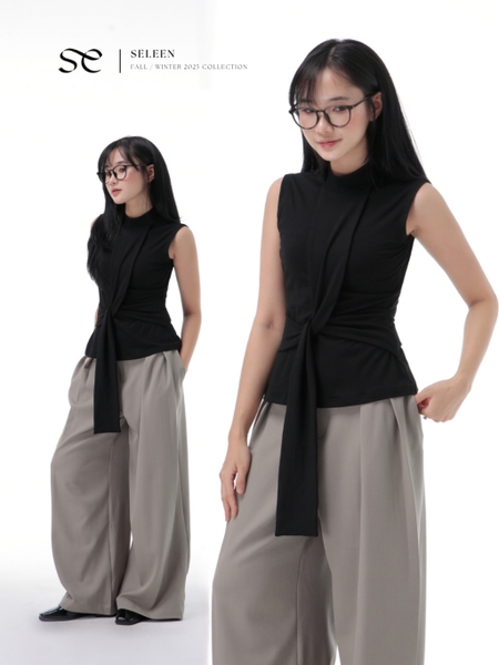Sleeveless High-Neck Tie-Detail Top