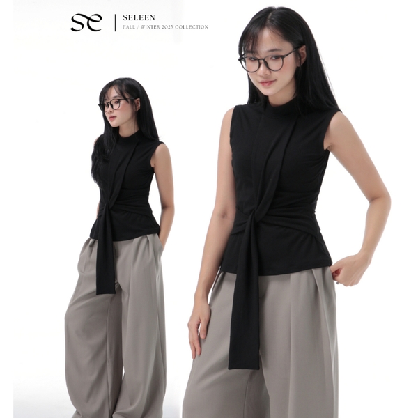Sleeveless High-Neck Tie-Detail Top, image 9