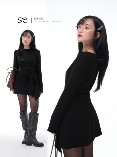 Straight-Neck Mini Dress with Waist Tie, image 1