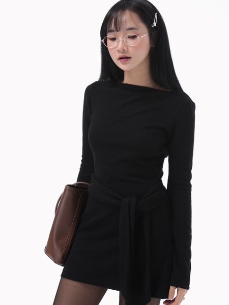 Straight-Neck Mini Dress with Waist Tie, image 5