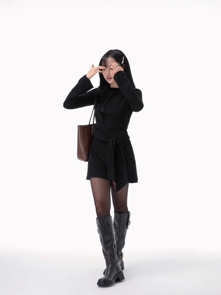 Straight-Neck Mini Dress with Waist Tie, image 7