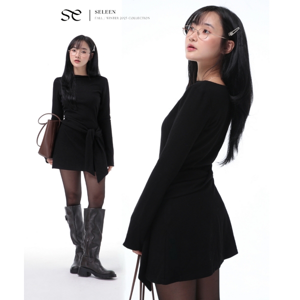 Straight-Neck Mini Dress with Waist Tie, image 10