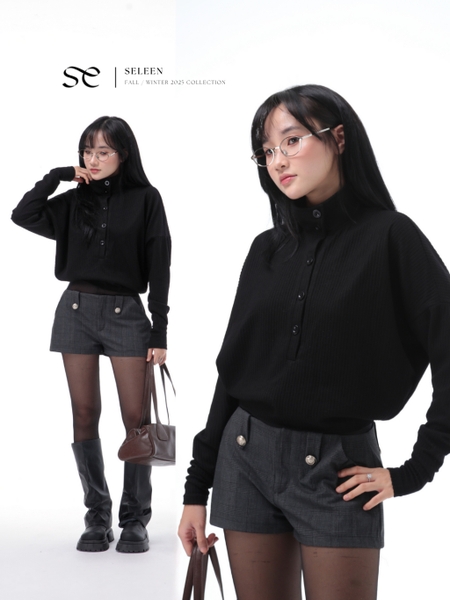 High-Neck Batwing Button Knit Top, image 1