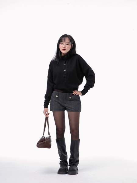 High-Neck Batwing Button Knit Top, image 2