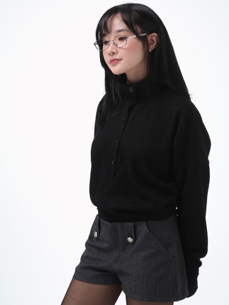 High-Neck Batwing Button Knit Top, image 4