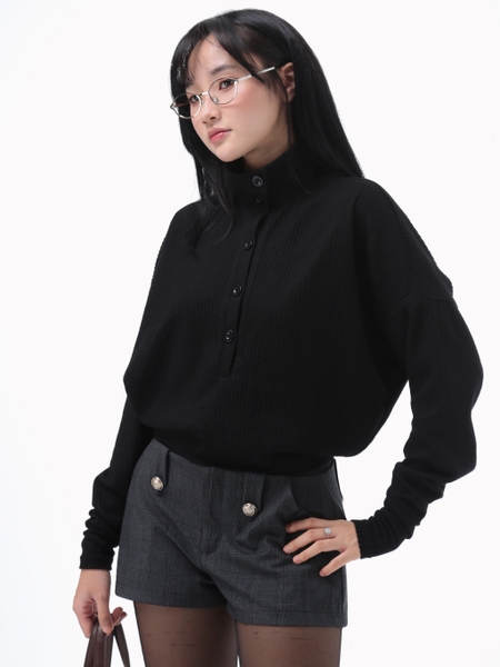 High-Neck Batwing Button Knit Top, image 8