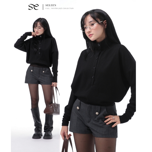 High-Neck Batwing Button Knit Top, image 9