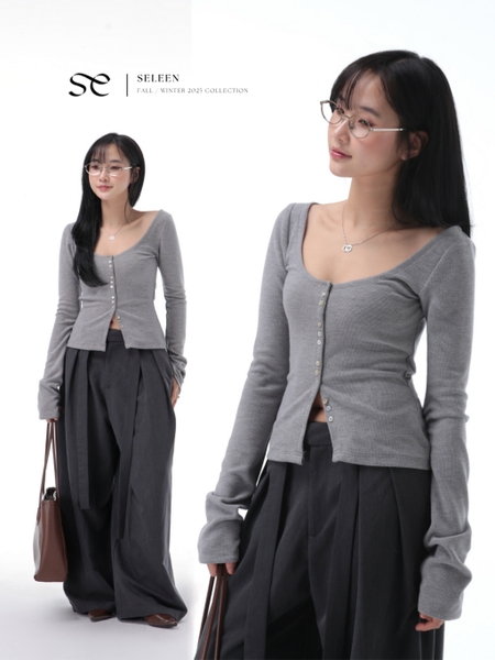 Long-Sleeve Button-Detail Knit Top, image 1