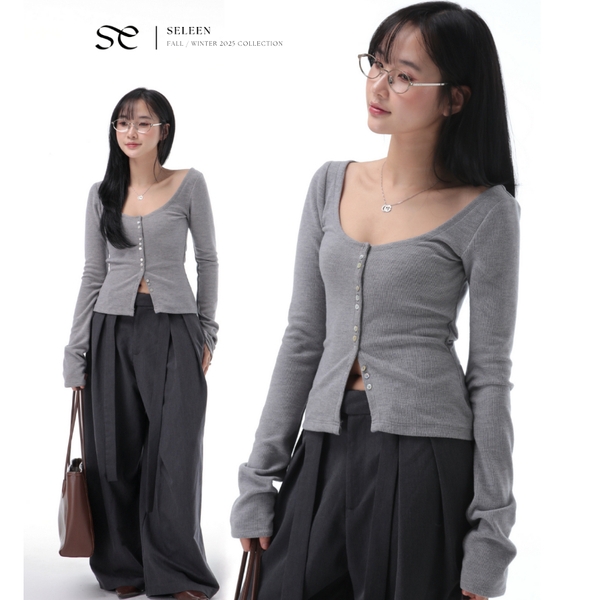 Long-Sleeve Button-Detail Knit Top, image 8