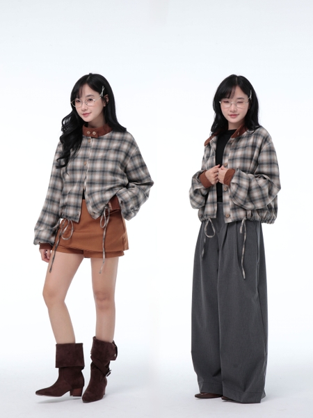 Cropped Check Stand-Collar Jacket, image 2