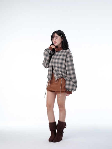 Cropped Check Stand-Collar Jacket, image 7