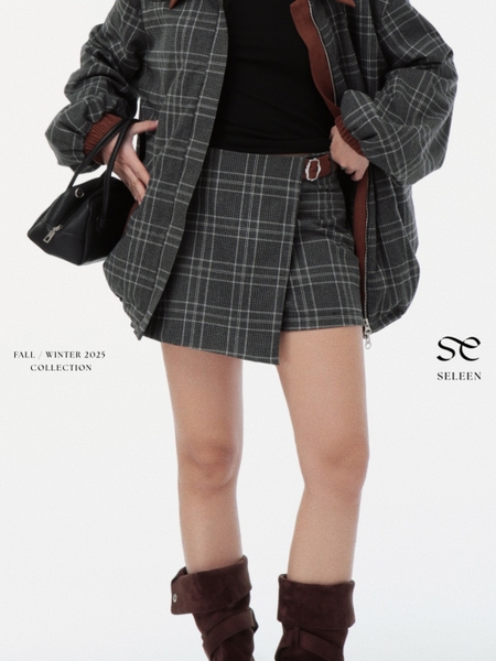 High-Waisted Wrap-Effect Flannel Skort
