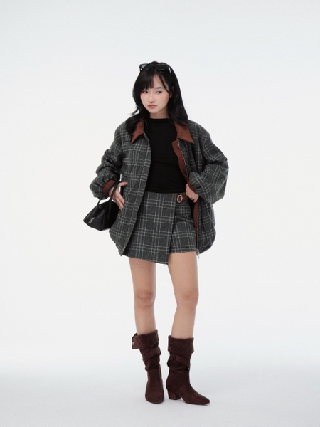 High-Waisted Wrap-Effect Flannel Skort, image 3