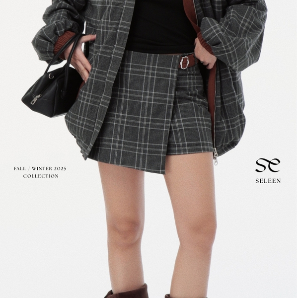 High-Waisted Wrap-Effect Flannel Skort, image 9