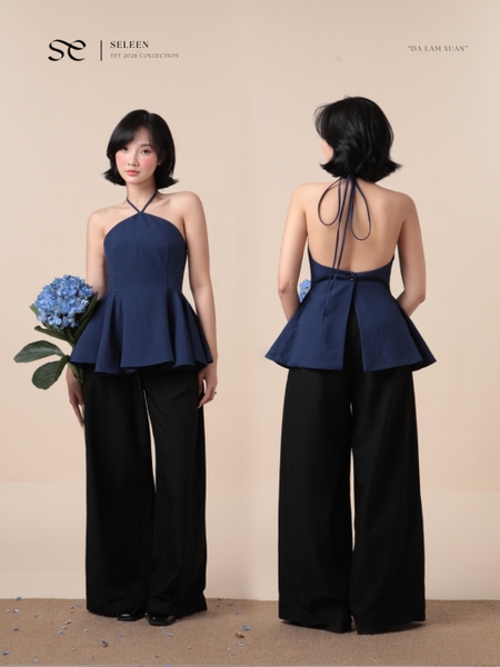 Open-Back Flared Linen Halter Top