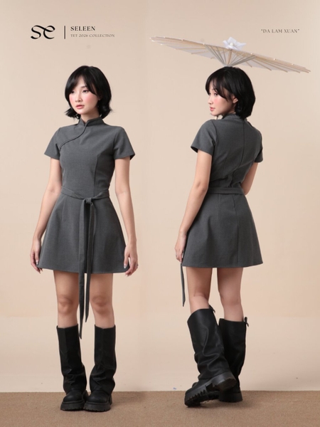 Mandarin-Collar A-Line Mini Dress
