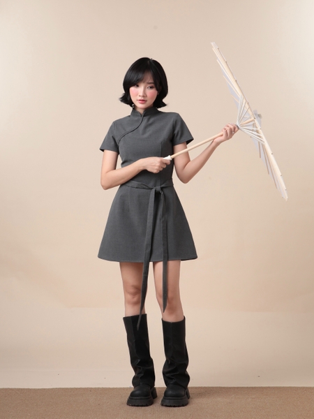 Mandarin-Collar A-Line Mini Dress, image 6