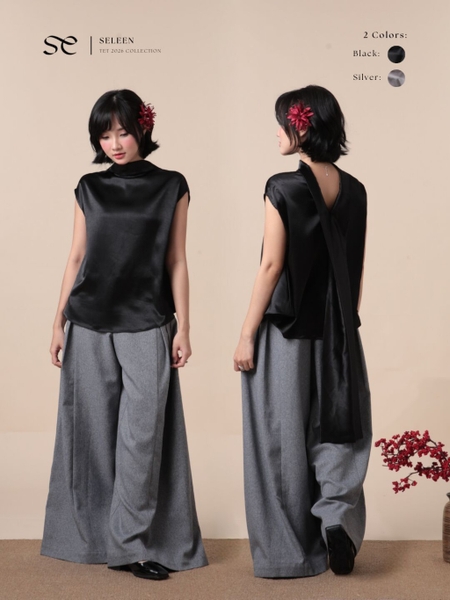 Relaxed Silk Batwing Tie-Back Top