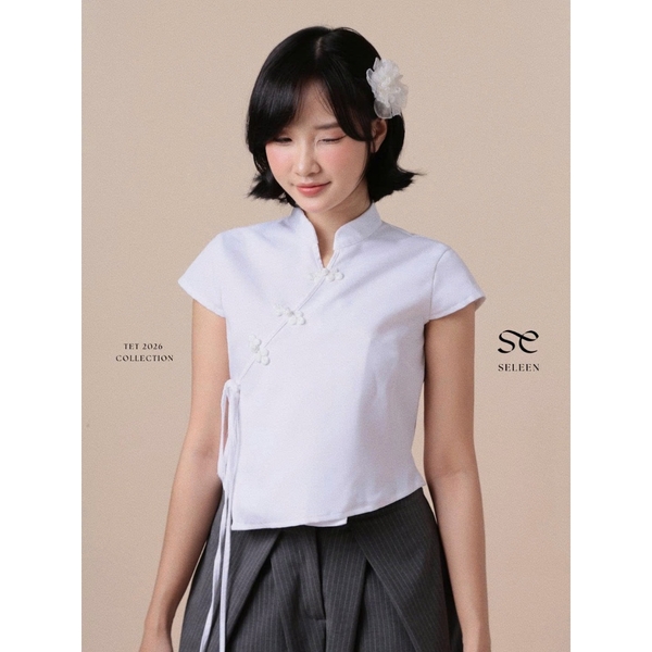 Cropped Mandarin-Collar Tie Top, image 9