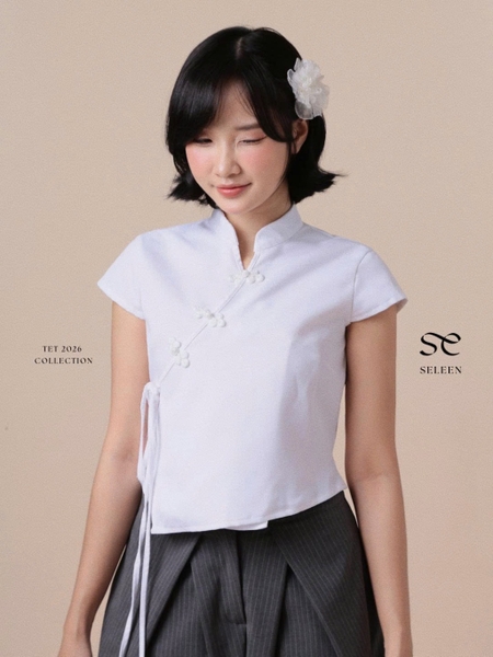 Cropped Mandarin-Collar Tie Top, image 1