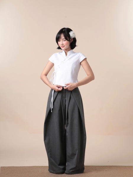 Cropped Mandarin-Collar Tie Top, image 7
