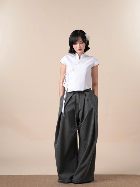 Cropped Mandarin-Collar Tie Top, image 8