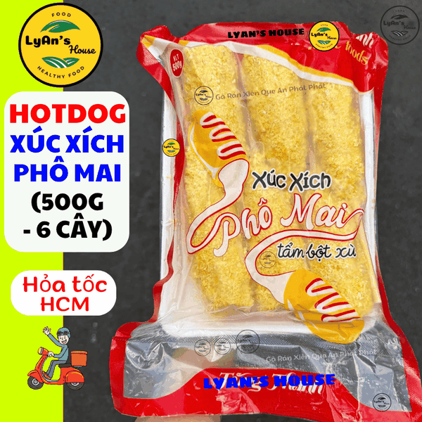 Hotdog xúc xích phô mai 500g 6 cây đông lạnh kéo sợi chiên giòn