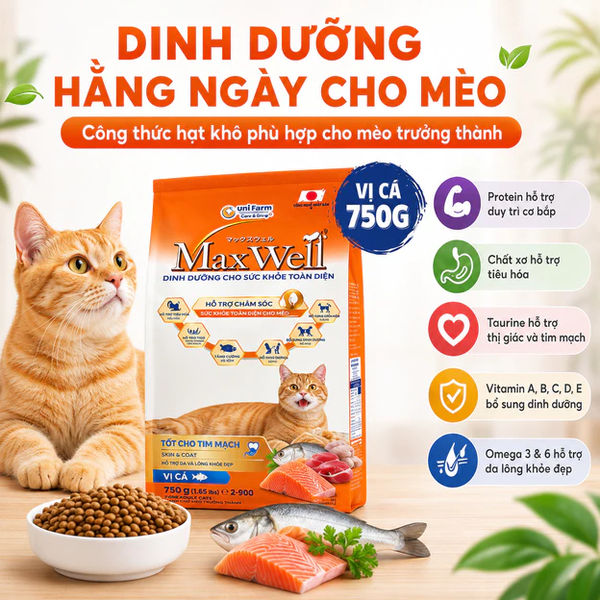 Hạt thức ăn Max Well Adult tốt cho thận vị cá 750g