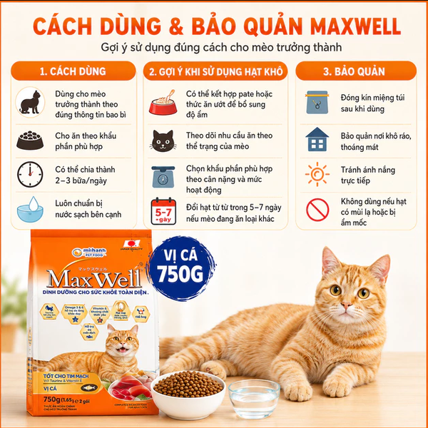 Hạt thức ăn Max Well Adult tốt cho thận vị cá 750g