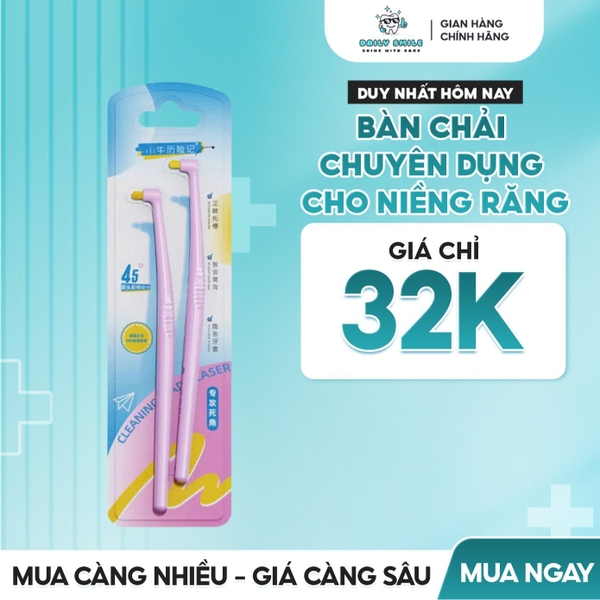 Daily Smile Bàn Chải Đầu Nhỏ Chuyên Niềng Răng PBT Đức Cao Cấp 45° Lông Siêu Mềm Mịn Màu Xanh Hồng Tím Hộp 2 Cái