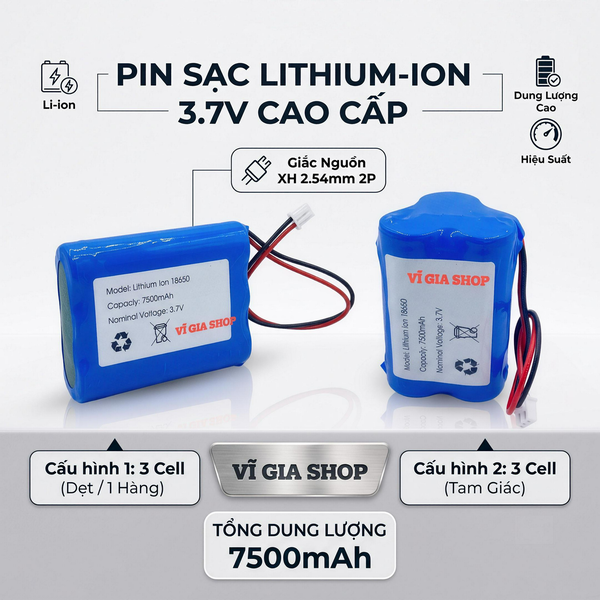 Pin Sạc Lithium-ion 1S 3.7V 7500mAh Jack XH 2.54mm (Tích Hợp Mạch BMS 3A)