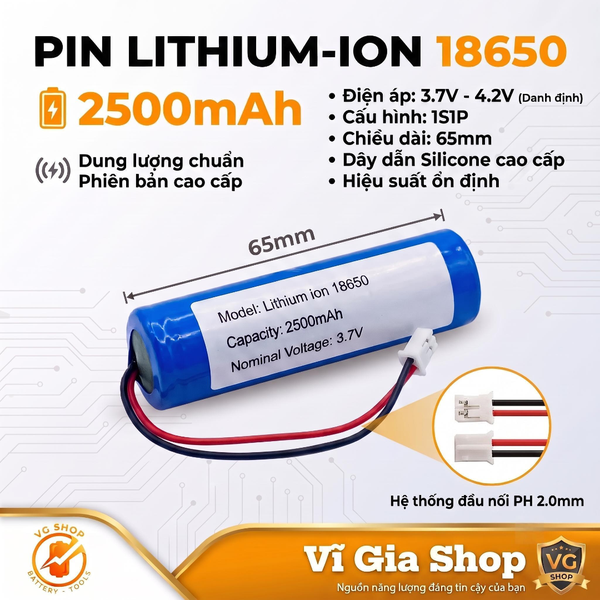 Pin Sạc Lithium-ion 1S 3.7V 2500mAh Jack PH 2.0mm (Tích Hợp Mạch BMS 3A)